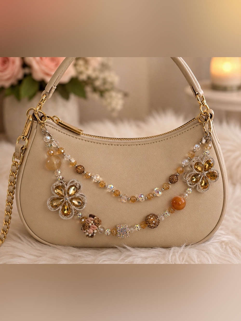 Floral Purse Charms with Champagne Beads with Silver Accents.